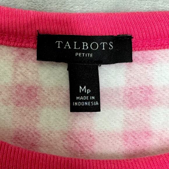 Talbots Petite Sweater Womens Petite Medium Pink Gingham Fleece Pullover Crew - Picture 3 of 8